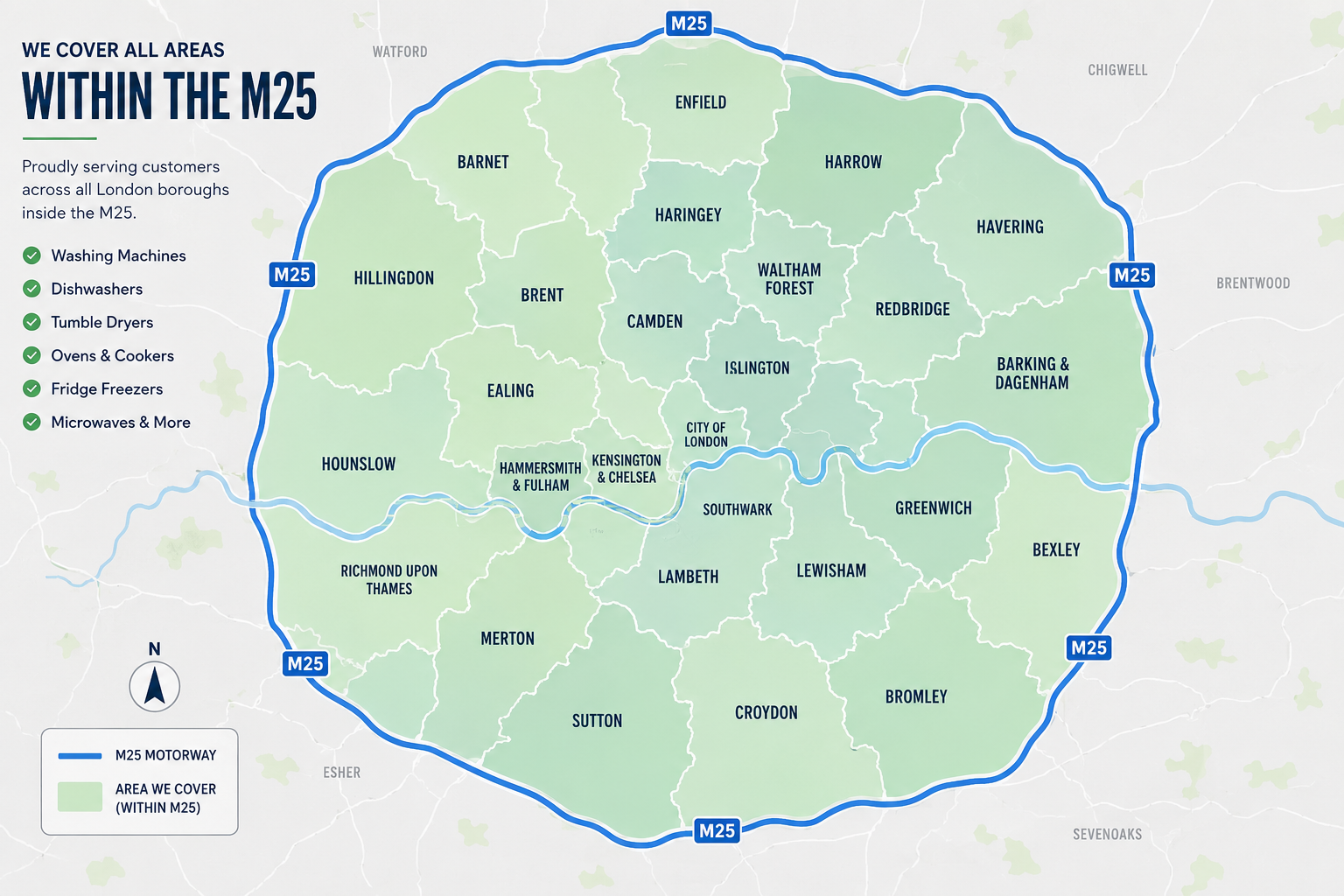 Map of the London boroughs JT Service covers within the M25 — including Barnet, Enfield, Harrow, Camden, Islington, Ealing, Hounslow, Hammersmith & Fulham, Kensington & Chelsea, Greenwich, Lewisham, Bromley, Croydon, Merton, Sutton, Barking & Dagenham and more