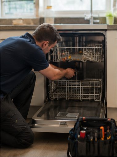 JT Service engineer repairing a dishwasher in London