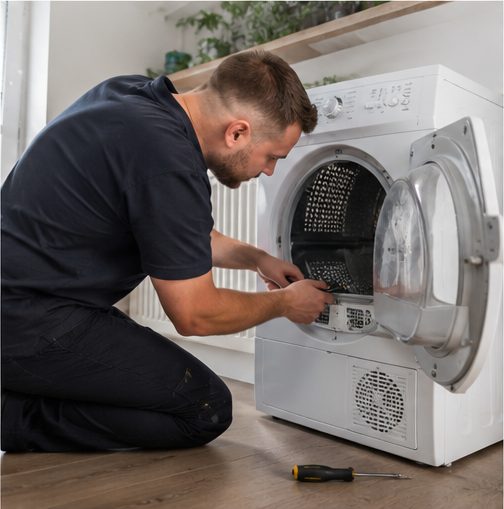 JT Service engineer repairing a tumble dryer in London