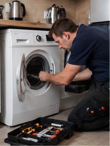 JT Service engineer repairing a washing machine in London